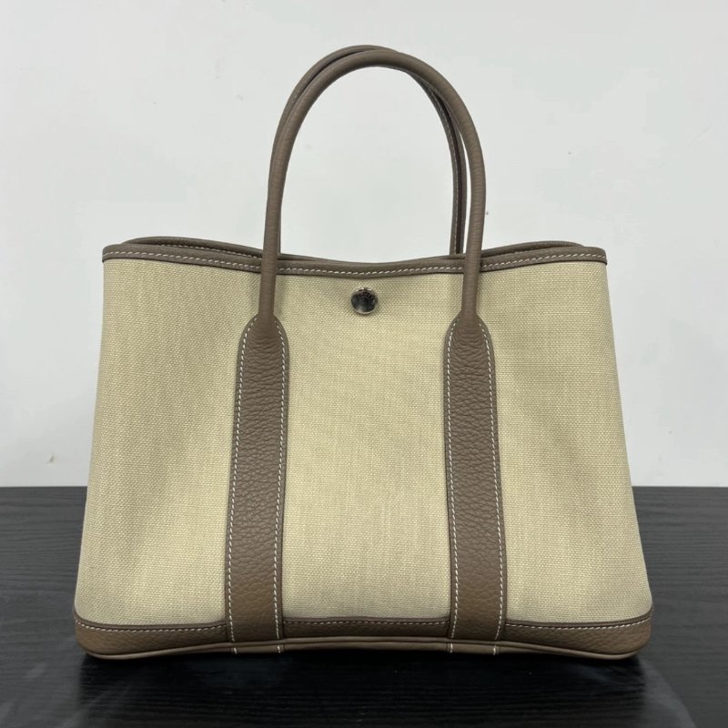 HERMES 大象灰銀扣帆布拼皮花園30手提包 30*21*14 98新-0
