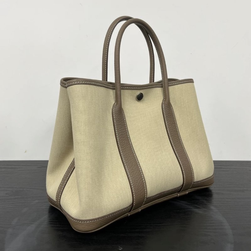 HERMES 大象灰銀扣帆布拼皮花園30手提包 30*21*14 98新-1