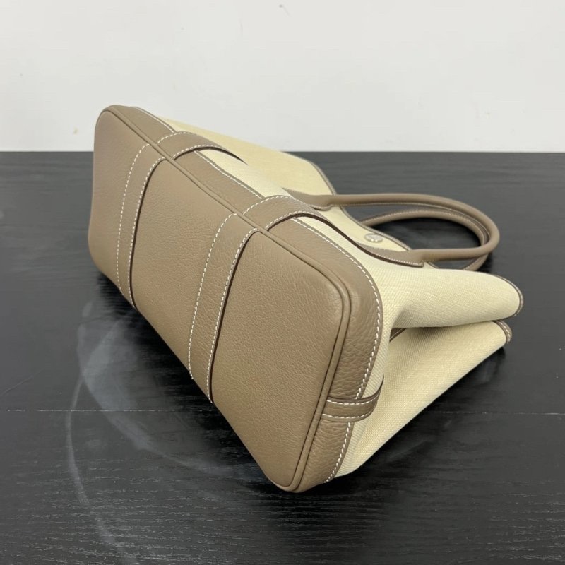 HERMES 大象灰銀扣帆布拼皮花園30手提包 30*21*14 98新-2