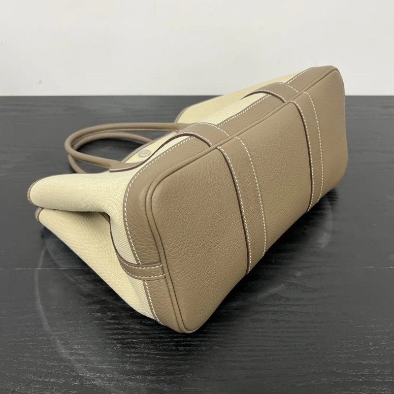 HERMES 大象灰銀扣帆布拼皮花園30手提包 30*21*14 98新-4