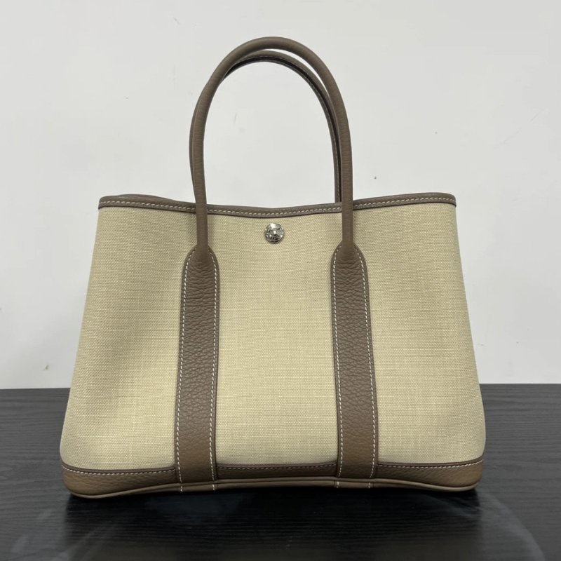 HERMES 大象灰銀扣帆布拼皮花園30手提包 30*21*14 98新-5