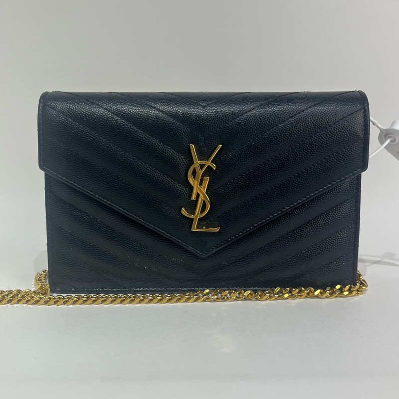 Saint Laurent/聖羅蘭黑金荔枝牛皮信封斜挎包19底-0