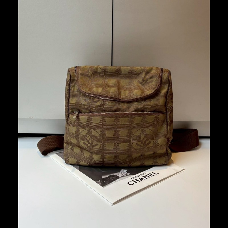 Chanel 軍綠緹花布斜背/後背包-0