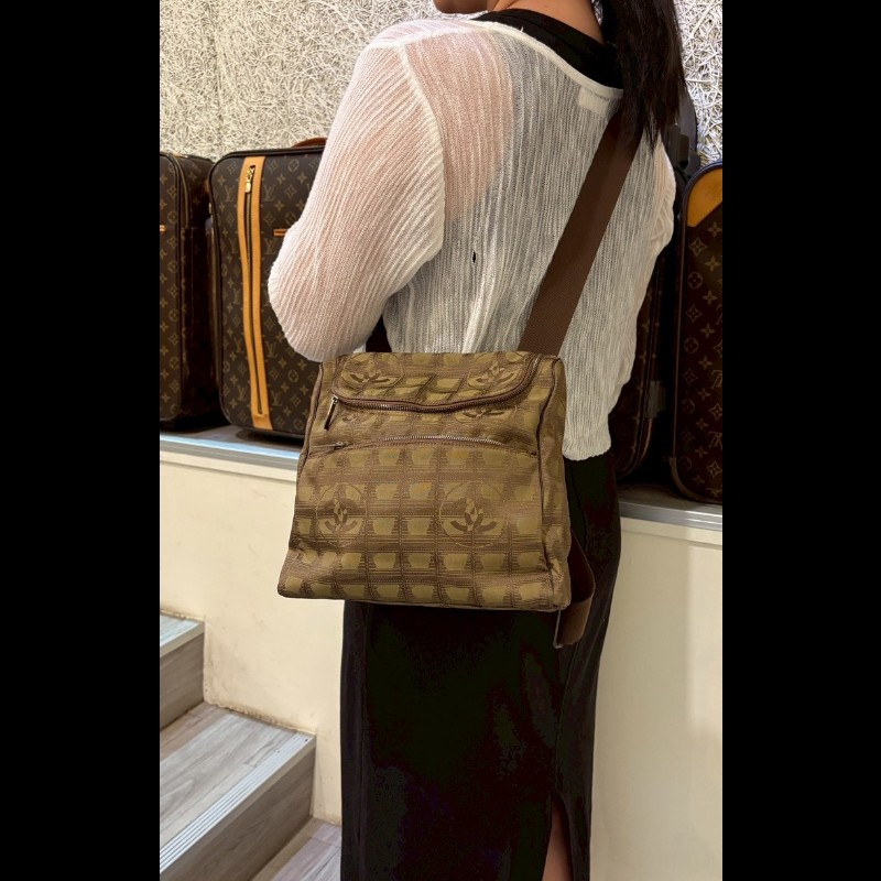 Chanel 軍綠緹花布斜背/後背包-3