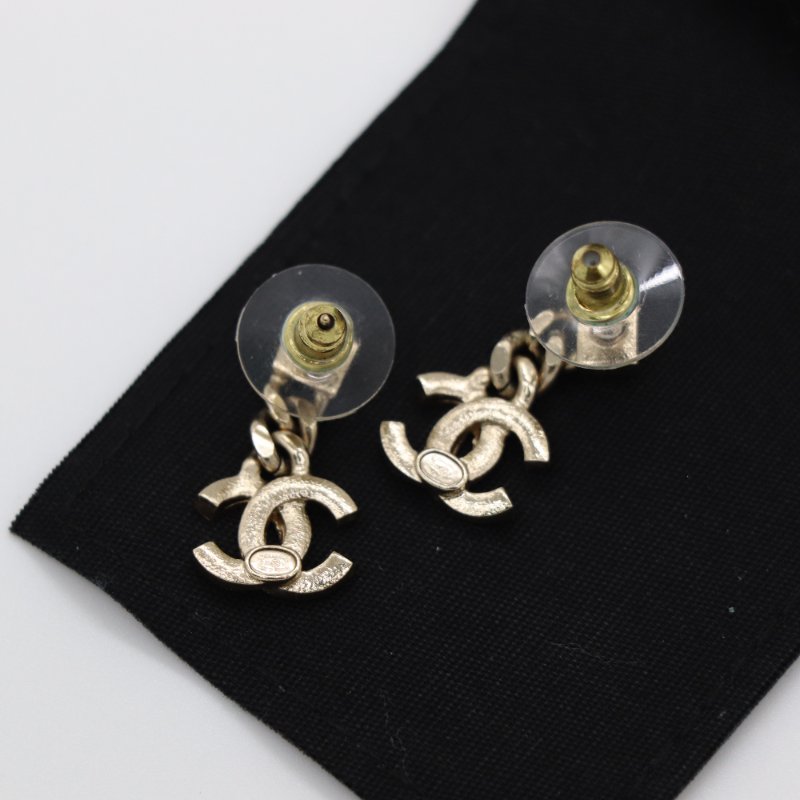Chanel 香奈兒 CC Logo 水鑽 小方糖 淡金 耳環 耳釘-3