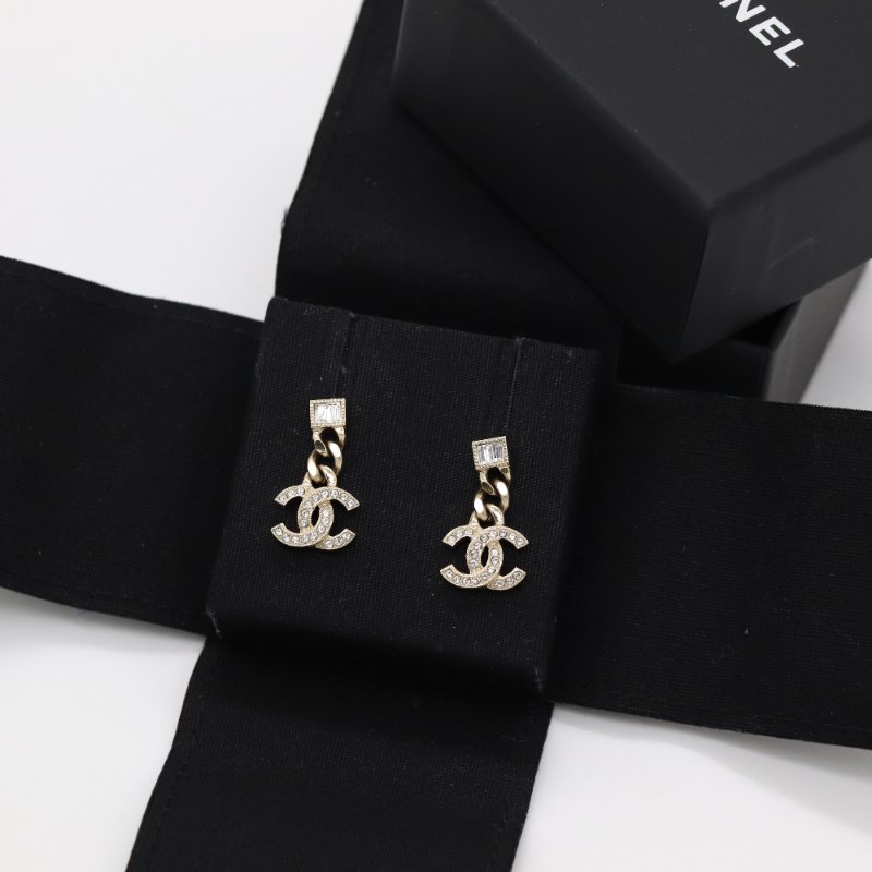 Chanel 香奈兒 CC Logo 水鑽 小方糖 淡金 耳環 耳釘-6