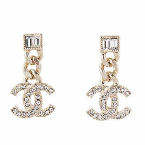 Chanel 香奈兒 CC Logo 水鑽 小方糖 淡金 耳環 耳釘