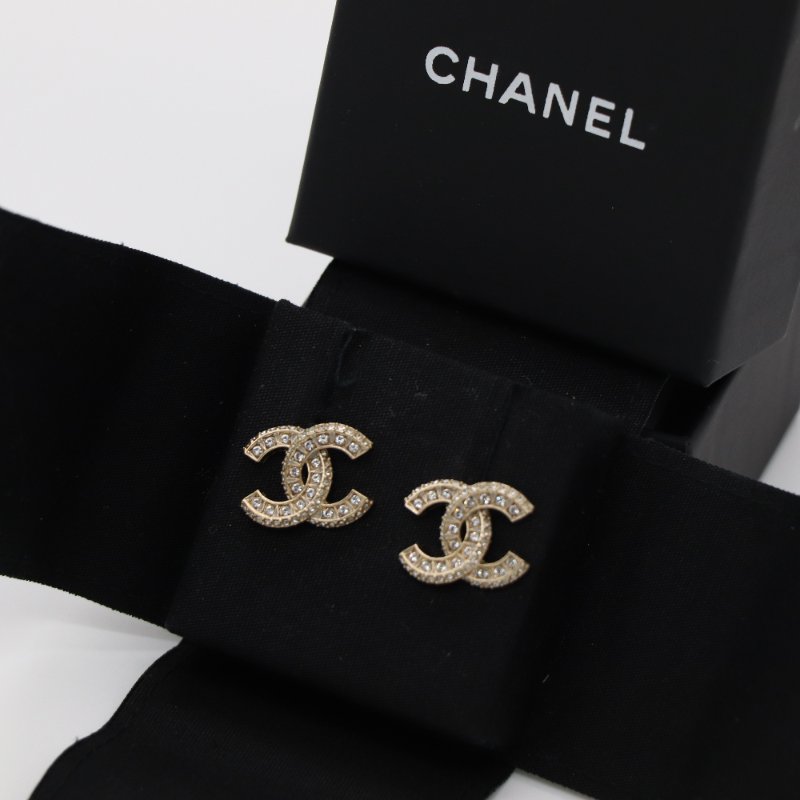 Chanel 香奈兒 CC Logo 水鑽 淡金色 耳環 耳釘-2