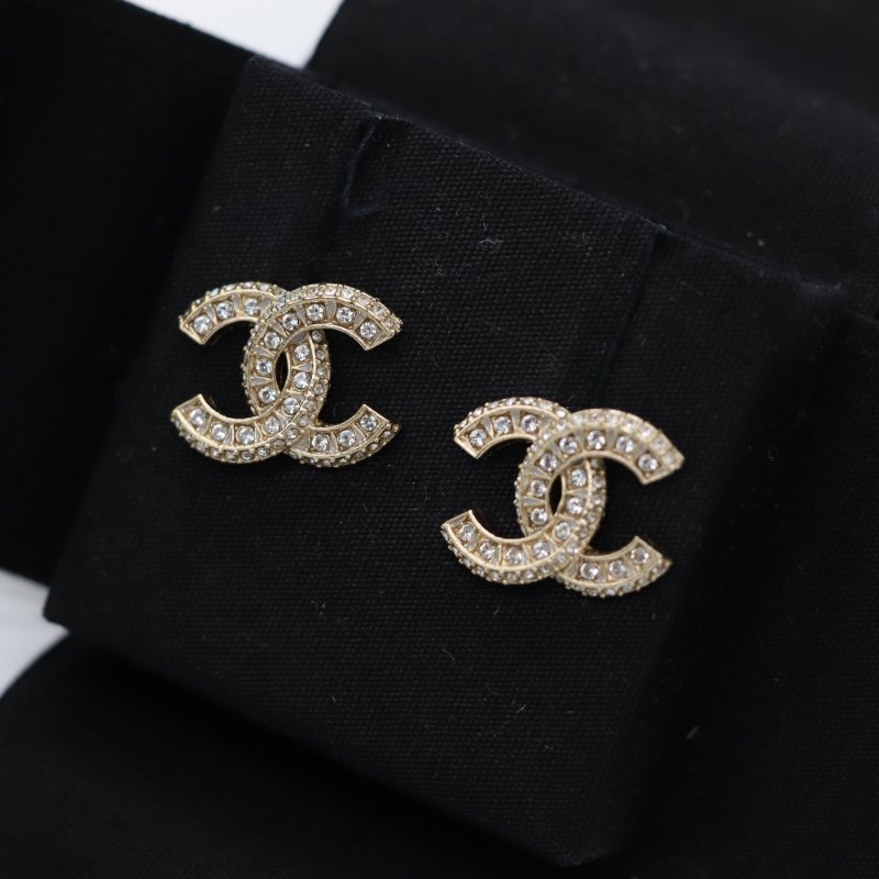 Chanel 香奈兒 CC Logo 水鑽 淡金色 耳環 耳釘-3