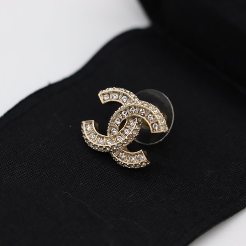 Chanel 香奈兒 CC Logo 水鑽 淡金色 耳環 耳釘-6
