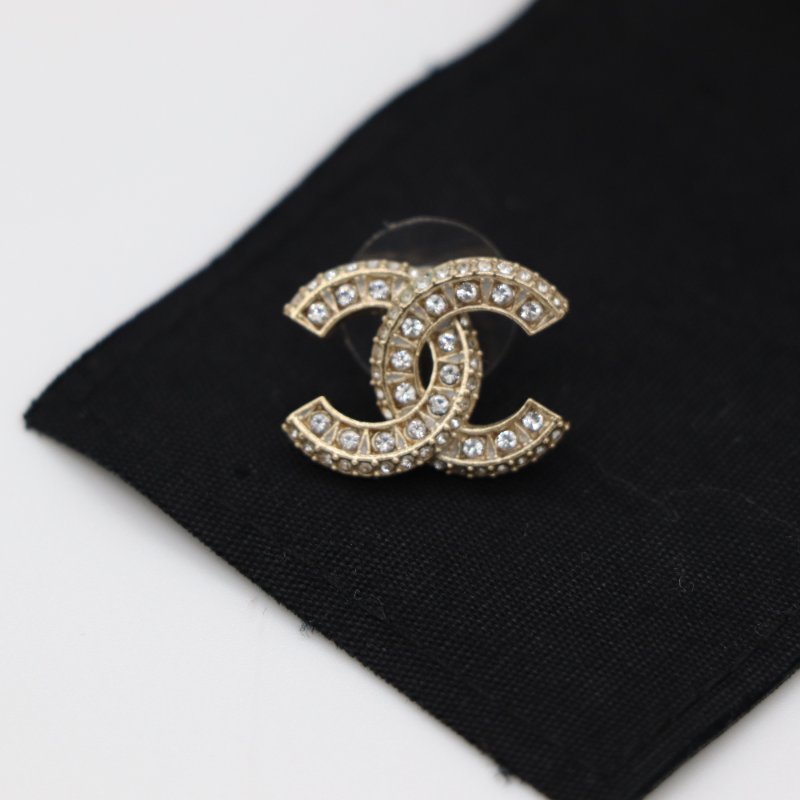Chanel 香奈兒 CC Logo 水鑽 淡金色 耳環 耳釘-8