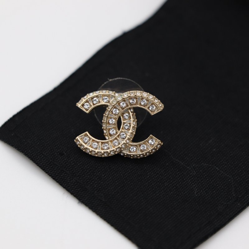 Chanel 香奈兒 CC Logo 水鑽 淡金色 耳環 耳釘-9