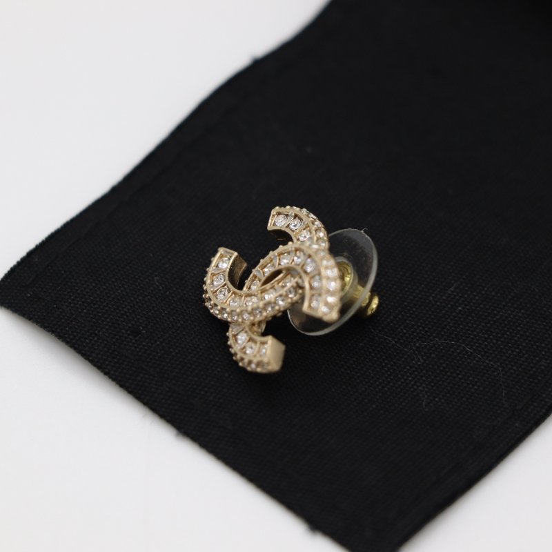 Chanel 香奈兒 CC Logo 水鑽 淡金色 耳環 耳釘-10