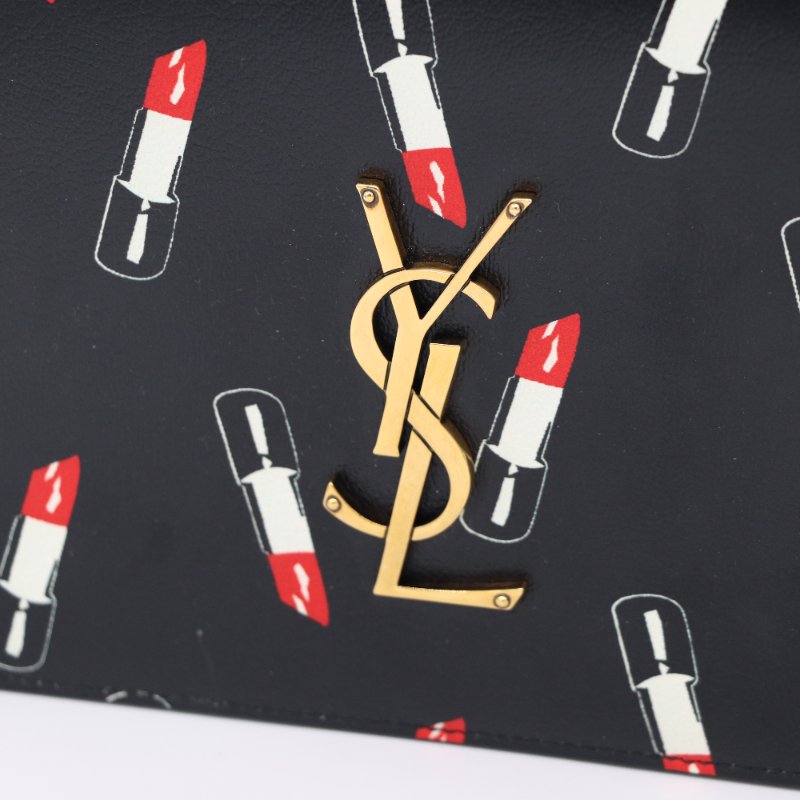 Saint Laurent 聖羅蘭 黑色牛皮 💄口紅印花 手拿包 復古風(可以自己加鏈條改造斜挎包)-5