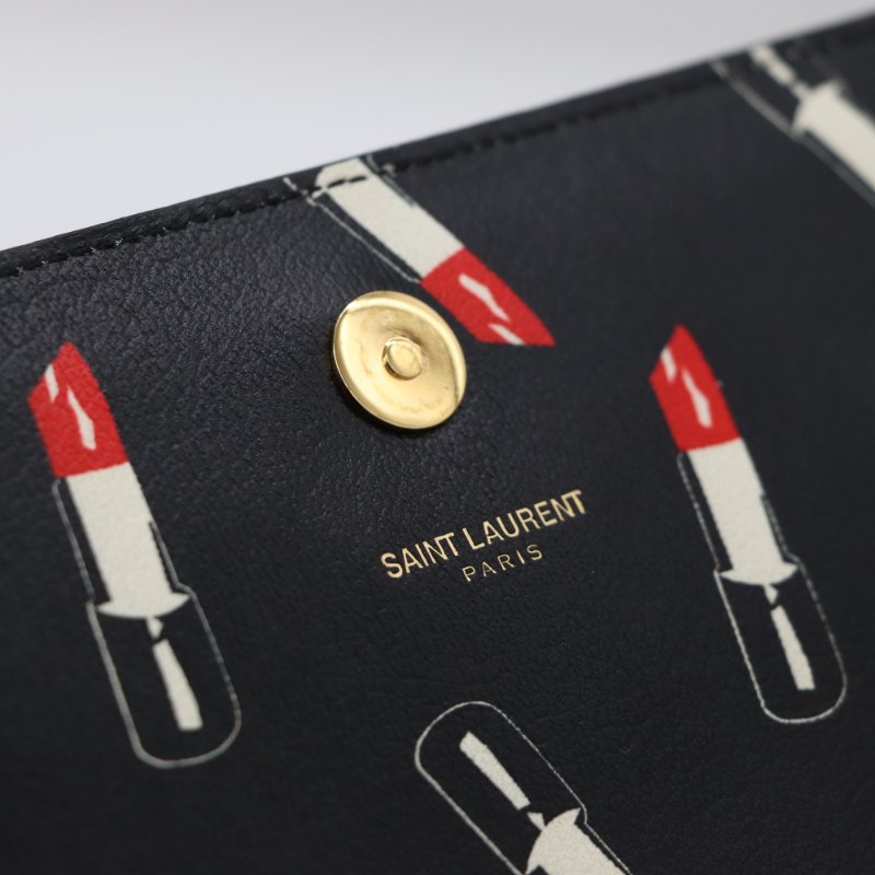 Saint Laurent 聖羅蘭 黑色牛皮 💄口紅印花 手拿包 復古風(可以自己加鏈條改造斜挎包)-8