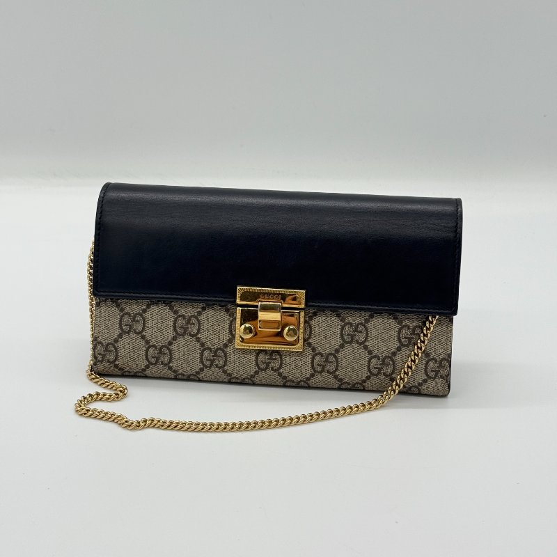 Gucci 古馳 Padlock 黑色牛皮 經典花紋 鏈條錢包 斜挎包 單肩包 多卡位 鈔票位（鏈條可以拆卸）-0