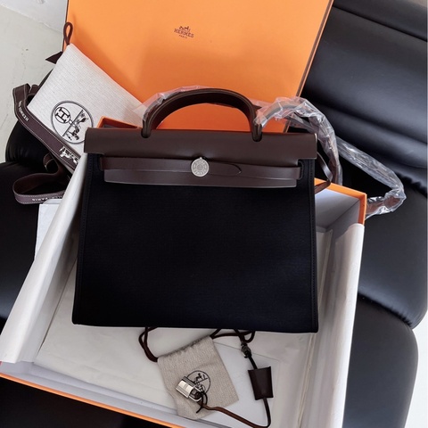 【近新閒置品】Hermes愛馬仕herbag31黑銀扣拼烏木色外縫手提單件斜挎包T刻