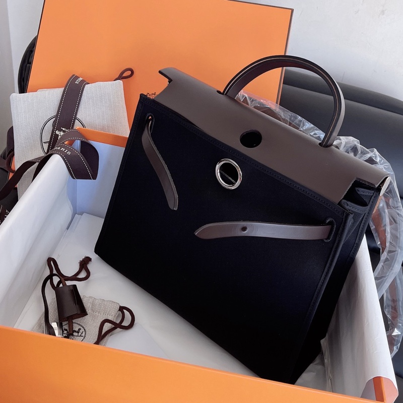 【近新閒置品】Hermes愛馬仕herbag31黑銀扣拼烏木色外縫手提單件斜挎包T刻-1