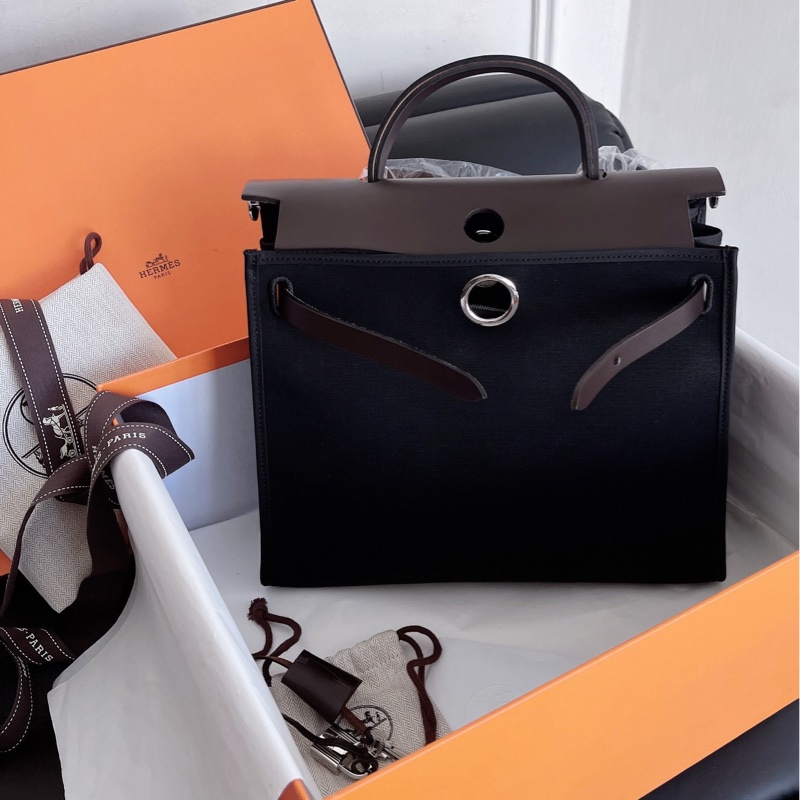 【近新閒置品】Hermes愛馬仕herbag31黑銀扣拼烏木色外縫手提單件斜挎包T刻-2