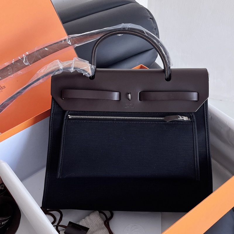 【近新閒置品】Hermes愛馬仕herbag31黑銀扣拼烏木色外縫手提單件斜挎包T刻-3