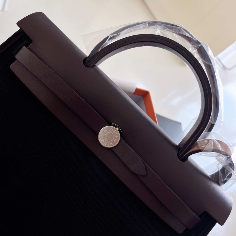 【近新閒置品】Hermes愛馬仕herbag31黑銀扣拼烏木色外縫手提單件斜挎包T刻-8