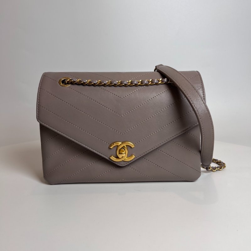 CHANEL 25開 紫灰金鍊牛皮信封包-0