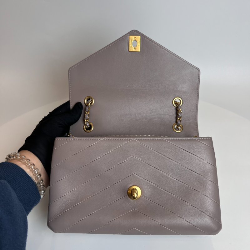 CHANEL 25開 紫灰金鍊牛皮信封包-5