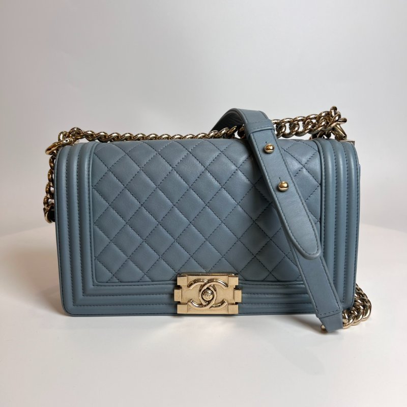 CHANEL 27開 灰藍羊皮淡金扣BOY25-0