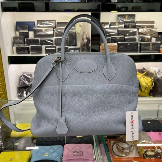 東區正精品㊣HERMES Bolide 31cm 愛馬仕灰藍色全皮銀釦拉鍊柏麗包手提包肩背包兩用包 方塊Q刻 RZ5770-0