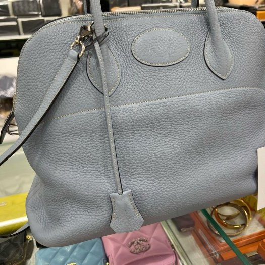 東區正精品㊣HERMES Bolide 31cm 愛馬仕灰藍色全皮銀釦拉鍊柏麗包手提包肩背包兩用包 方塊Q刻 RZ5770-1