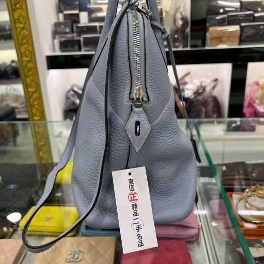 東區正精品㊣HERMES Bolide 31cm 愛馬仕灰藍色全皮銀釦拉鍊柏麗包手提包肩背包兩用包 方塊Q刻 RZ5770-8