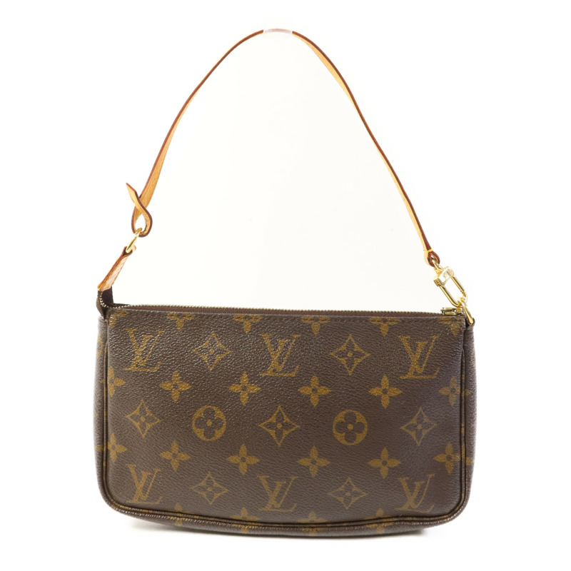 LOUIS VUITTON Monogram Pochette Accessoires金扣手挽袋棕色-0