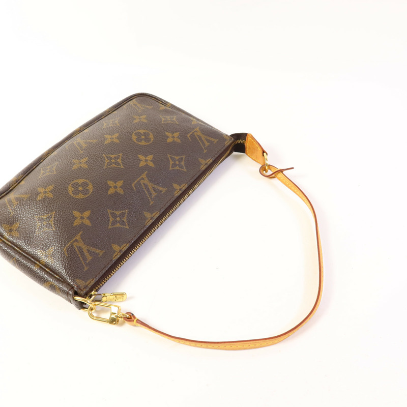 LOUIS VUITTON Monogram Pochette Accessoires金扣手挽袋棕色-4