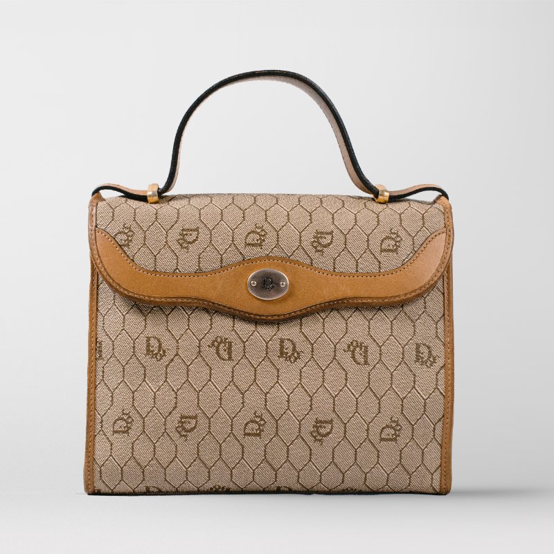 🧠小浮気見世物小屋🧠法國製🇫🇷Christian Dior經典蜂巢提花手提包｜焦糖駝皮革滾邊-5