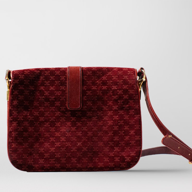 🧠小浮気見世物小屋🧠義大利製🇮🇹CELINE 凱旋門Triomphe經典壓扣斜背包｜酒紅絨面老花 × 牛皮-4