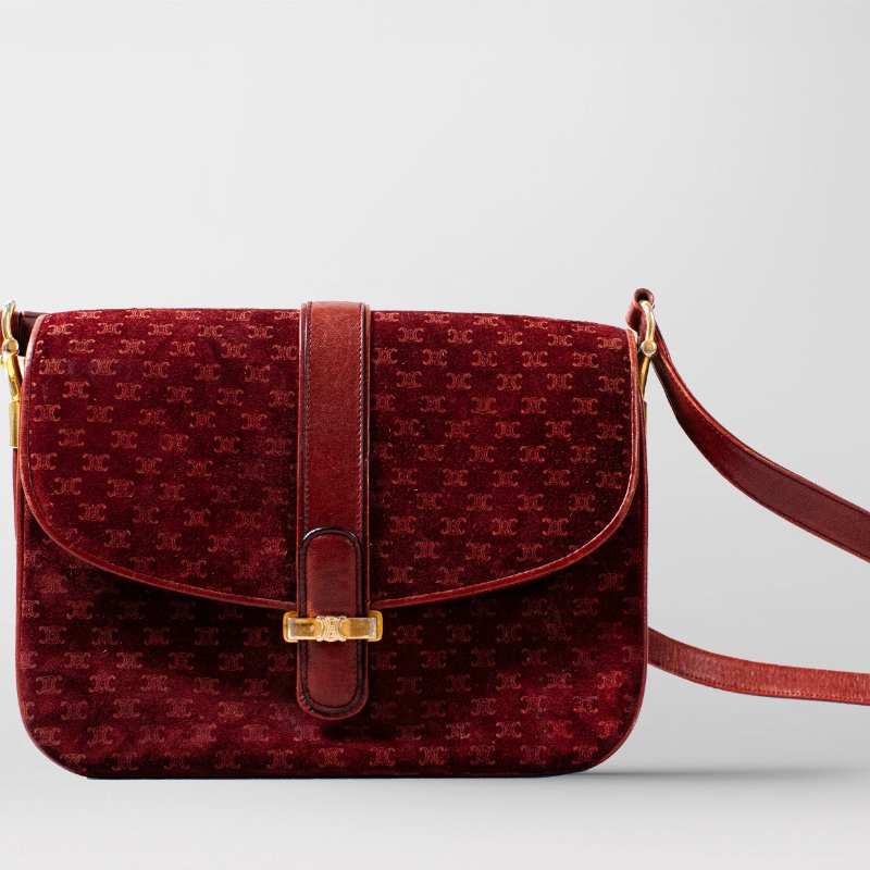 🧠小浮気見世物小屋🧠義大利製🇮🇹CELINE 凱旋門Triomphe經典壓扣斜背包｜酒紅絨面老花 × 牛皮-5