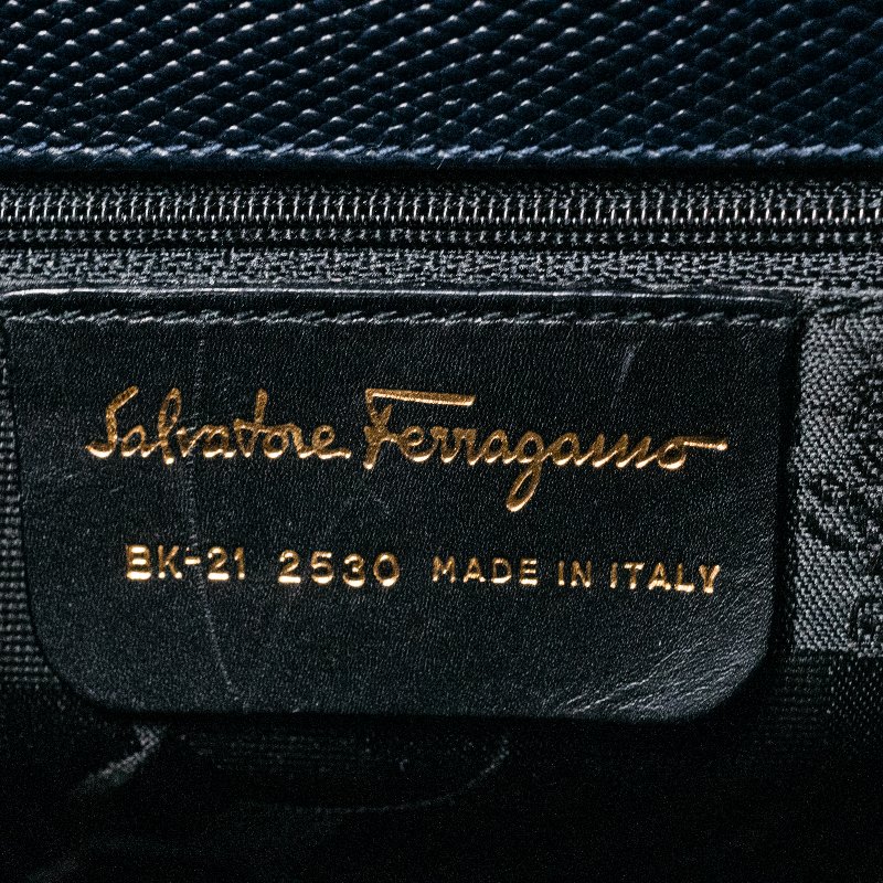 🧠小浮気見世物小屋🧠義大利製🇮🇹Salvatore Ferragamo經典蝴蝶結壓紋托特｜午夜藍真皮-4