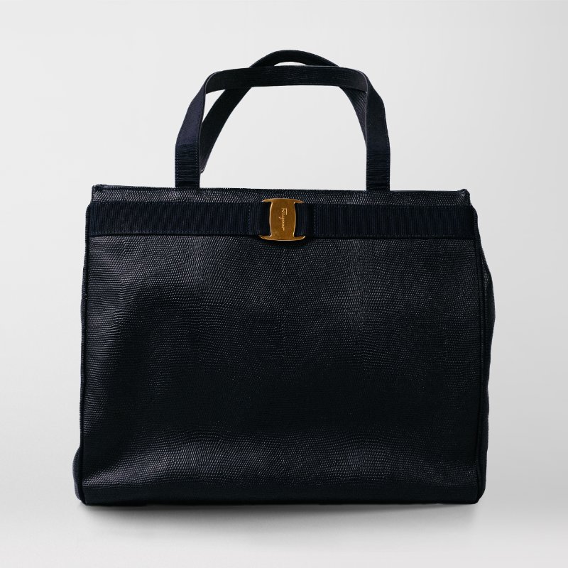 🧠小浮気見世物小屋🧠義大利製🇮🇹Salvatore Ferragamo經典蝴蝶結壓紋托特｜午夜藍真皮-7