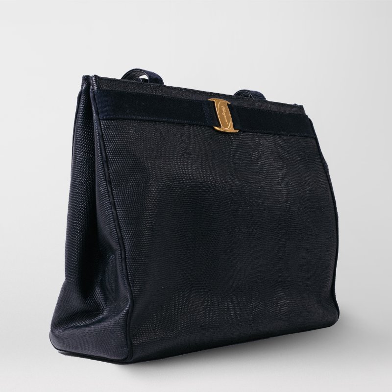 🧠小浮気見世物小屋🧠義大利製🇮🇹Salvatore Ferragamo經典蝴蝶結壓紋托特｜午夜藍真皮-8