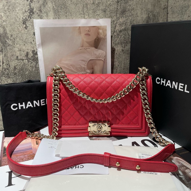 Chanel leboy 中號 荔枝皮 紅色配金扣 25cm-0