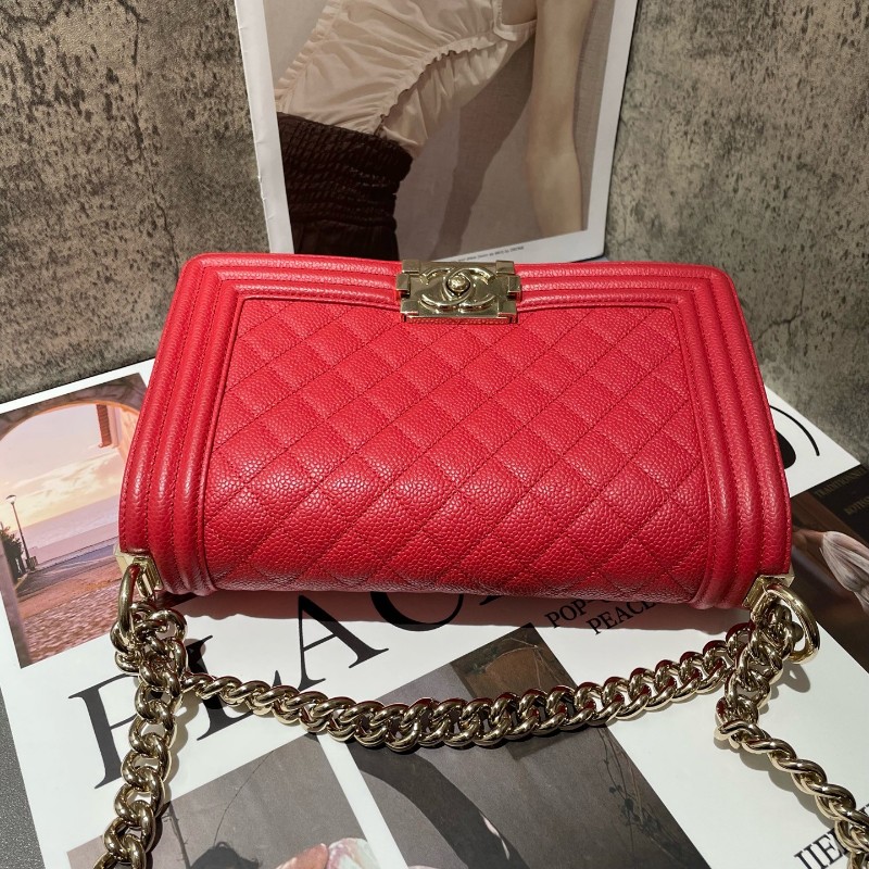 Chanel leboy 中號 荔枝皮 紅色配金扣 25cm-2