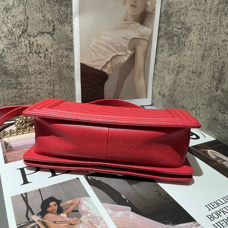 Chanel leboy 中號 荔枝皮 紅色配金扣 25cm-3