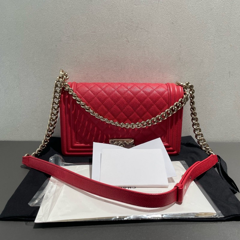 Chanel leboy 中號 荔枝皮 紅色配金扣 25cm-4