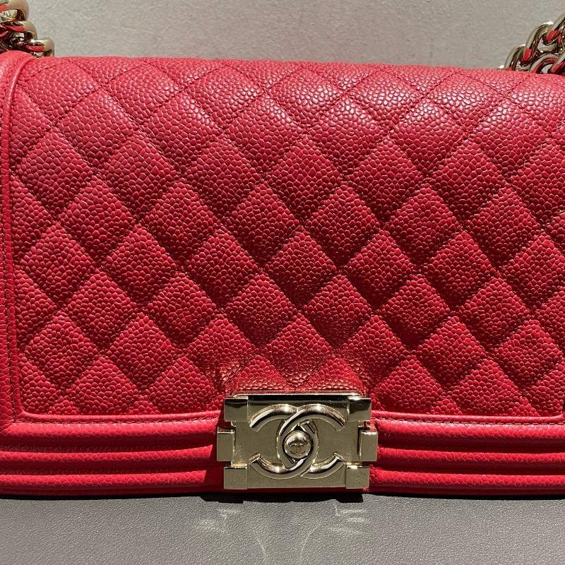 Chanel leboy 中號 荔枝皮 紅色配金扣 25cm-5