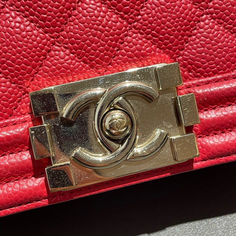 Chanel leboy 中號 荔枝皮 紅色配金扣 25cm-6