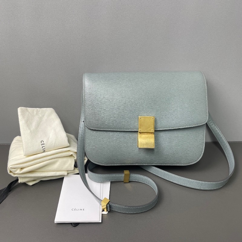 Celine box中號 藍色 牛皮牙籤紋皮復古金扣 斜背包肩背包-0