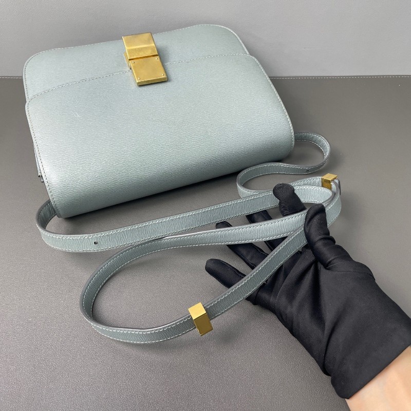 Celine box中號 藍色 牛皮牙籤紋皮復古金扣 斜背包肩背包-6