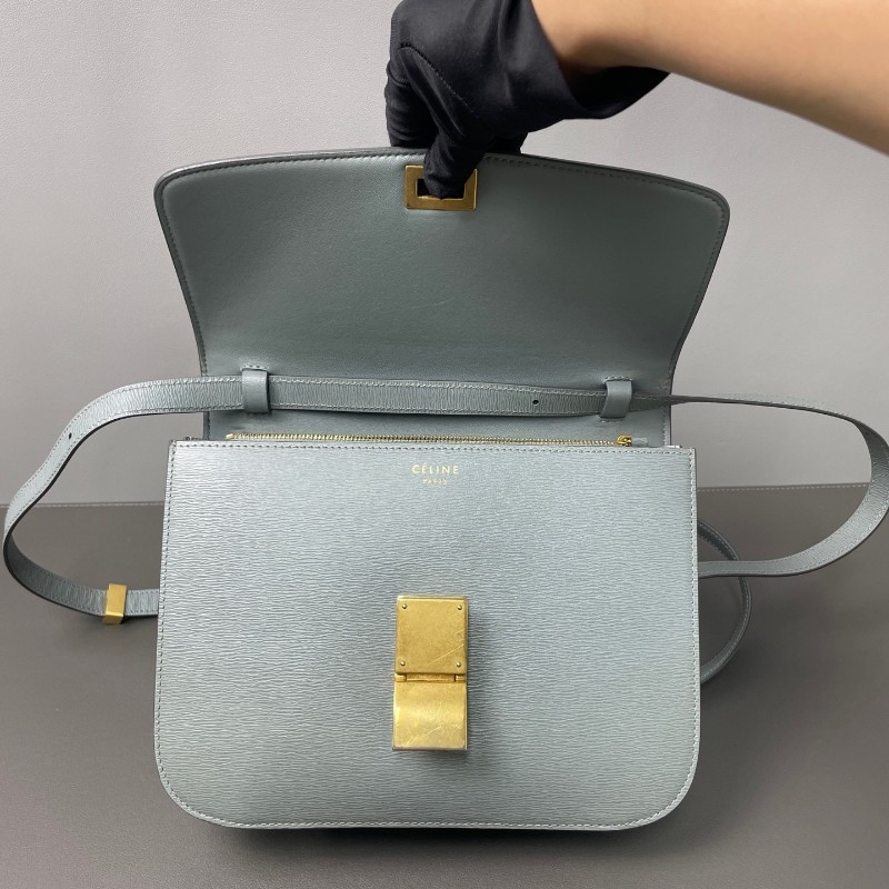 Celine box中號 藍色 牛皮牙籤紋皮復古金扣 斜背包肩背包-7