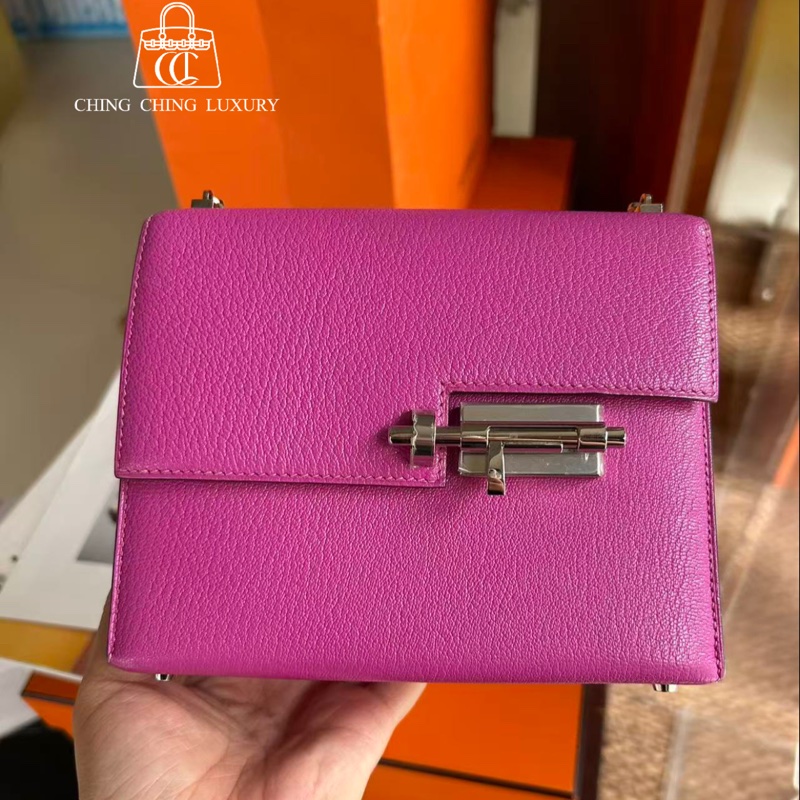 🌈Hermes💜Mini Verrou手槍包💜L3玫瑰紫銀扣🌈98.5新🌟山羊皮🌟-0