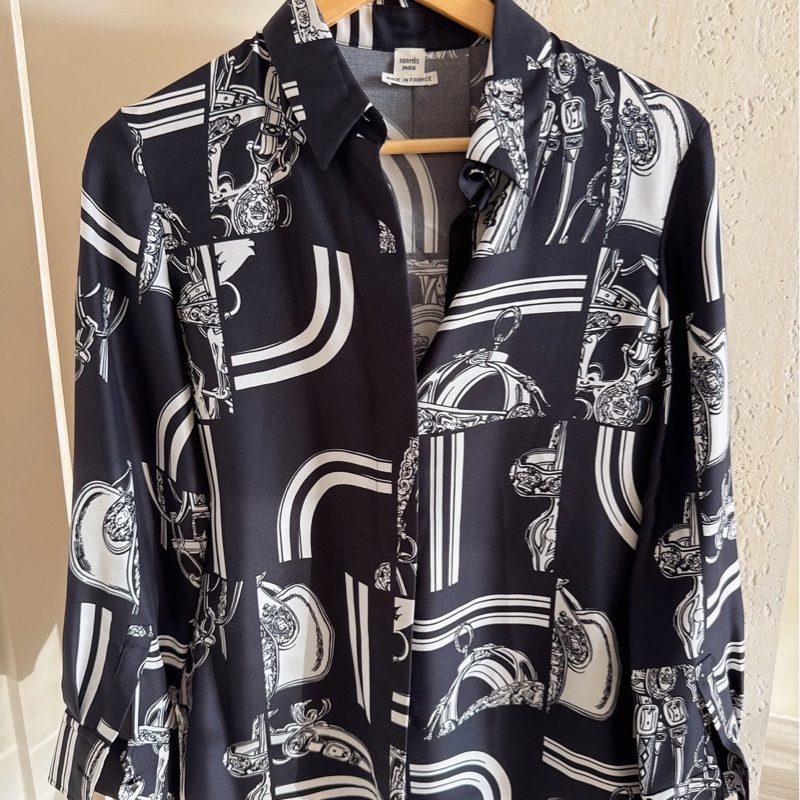 HERMES 黑底白花紋真絲襯衫 36碼-0